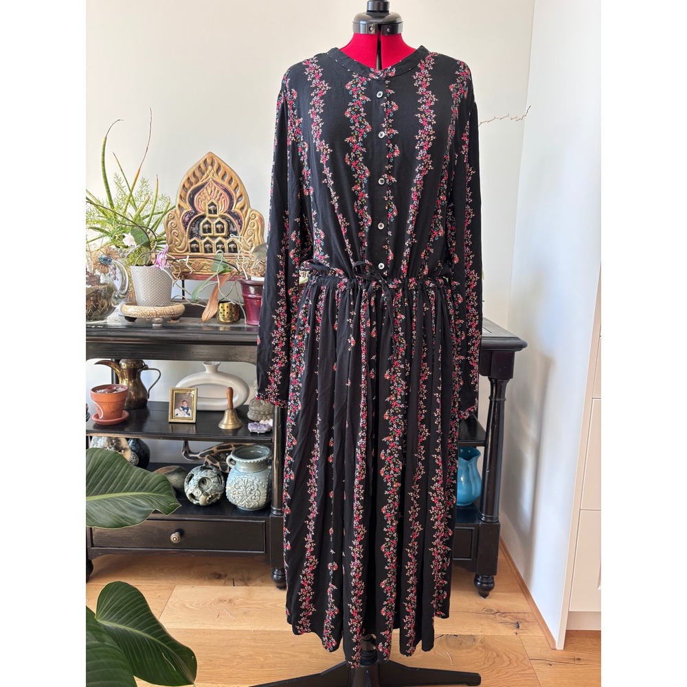 JOE FRESH floral stripe midi shirt dress women XL black long sleeve drawstring